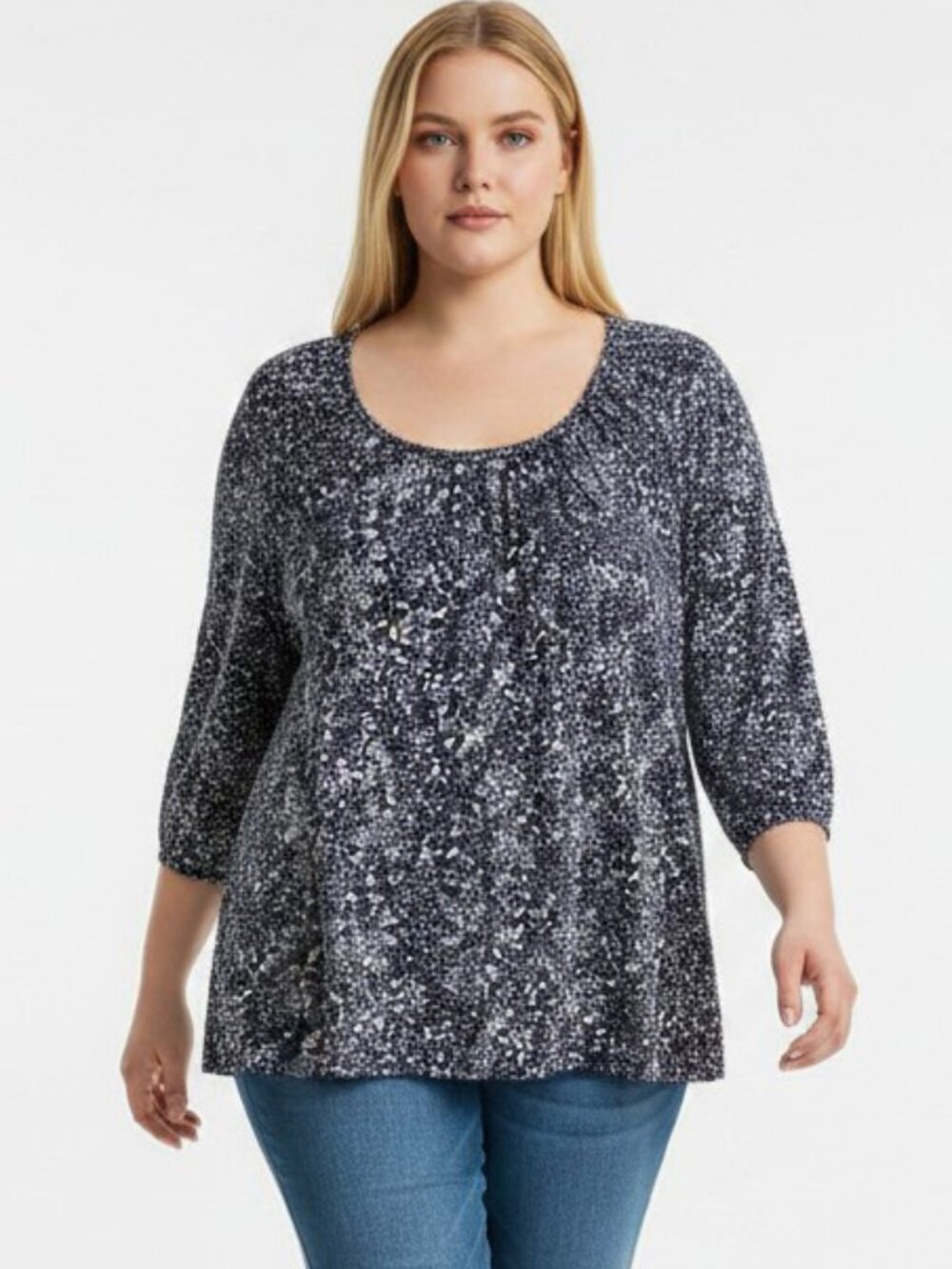 ANNE KLEIN Abstract Micro Dot Print Scoop Neck 3/4 Sleeve Blouse Size 2X, UNWORN